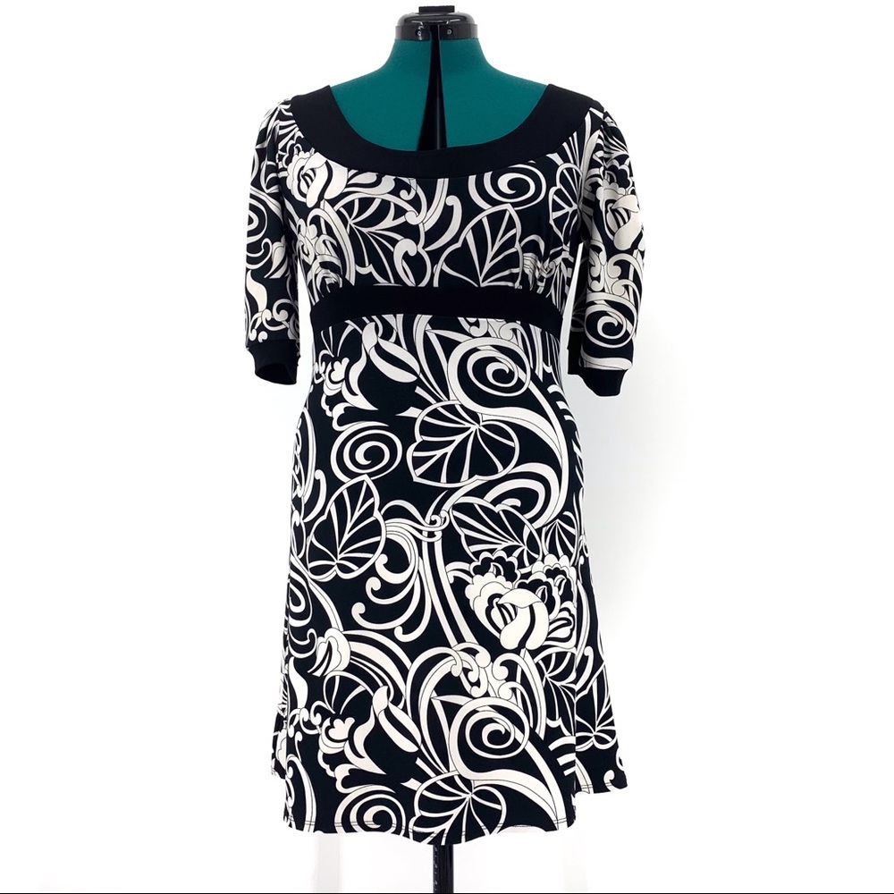 Jessica Petite Black and White Paisley Empire Waist A-Line Dress, 12P
